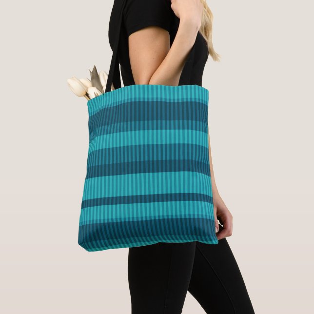 blue turquoise shades striped vertical pattern tote bag (Close Up)