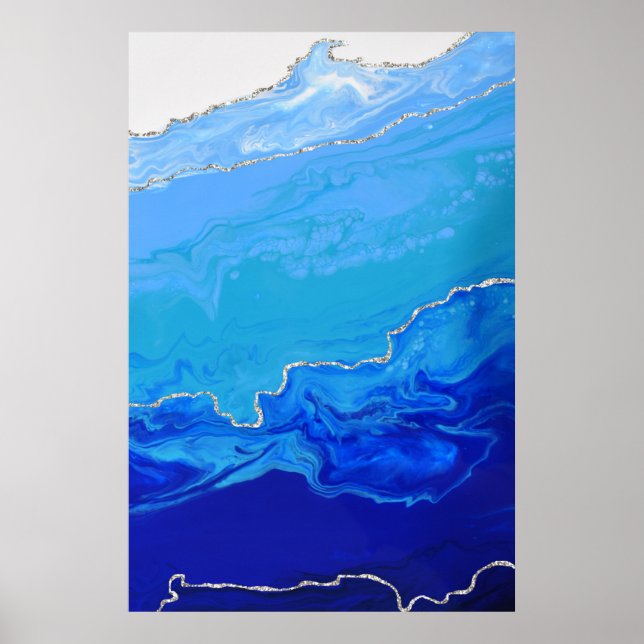 Blue Turquoise Silver Marble Abstract Art Poster (Front)
