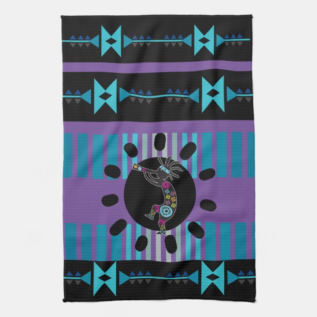 Blue Turquoise Southwestern Kokopelli Kitchen Towel (Vertical)