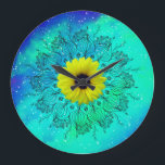 Blue turquoise starry galaxy mandala and sunflower large clock<br><div class="desc">Blue turquoise starry galaxy mandala and sunflower large clock</div>