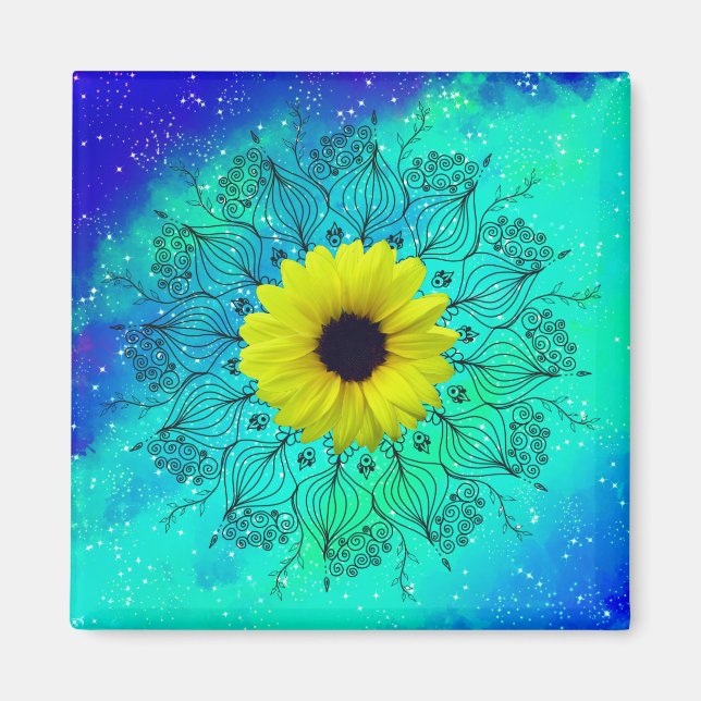 Blue turquoise starry galaxy mandala and sunflower magnet (Front)