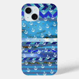 blue turquoise stripes & anchor pattern iPhone 15 case