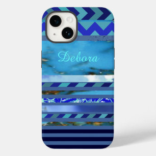 Blue Turquoise Stripes Pattern Custom Name Case-Mate iPhone 14 Case