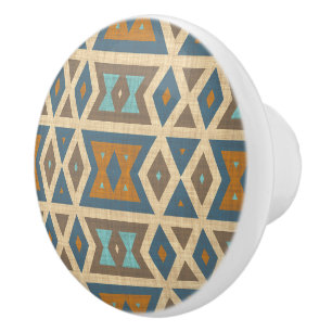 Blue Turquoise Teal Orange Tan Brown Tribal Art Ceramic Knob