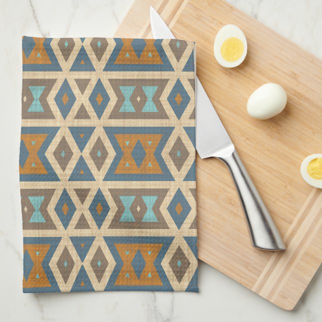 Blue Turquoise Teal Orange Tan Brown Tribal Art Kitchen Towel (Quarter Fold)