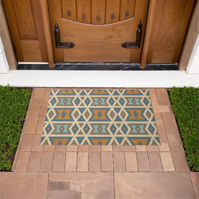 Blue Turquoise Teal Terraccotta Brown Tribal Art Doormat (Outdoor)