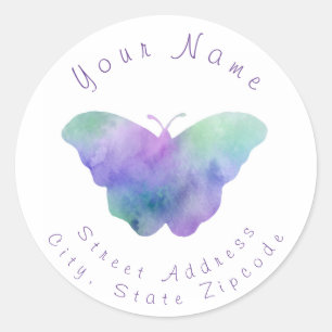 'Blue Turquoise Violet Watercolor Butterfly' Label