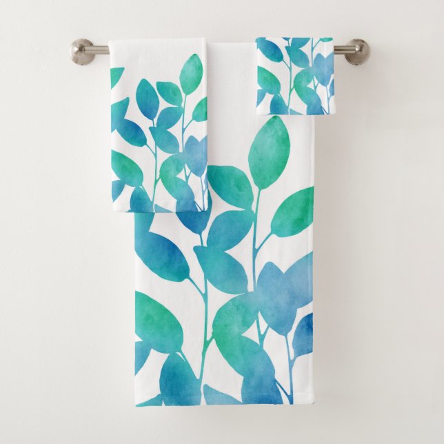 Blue Turquoise Watercolor Leaves Bath Towel Set (Insitu)