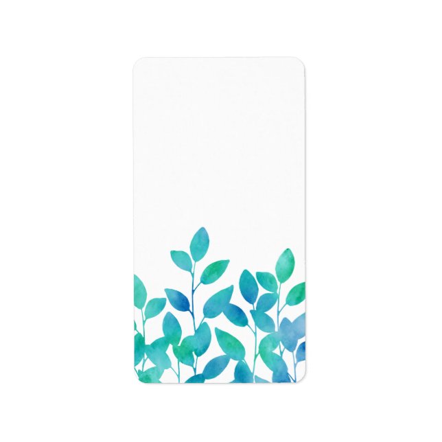 Blue Turquoise Watercolor Leaves Label (Front)