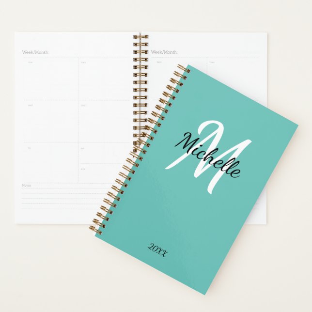 Blue Turquoise & White Monogram Simple Elegant Pla (Devant avec enveloppe)