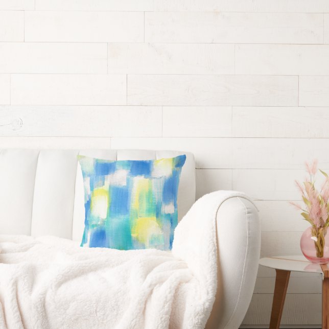 Blue Turquoise Yellow White Modern Abstract Throw Pillow (Couch)