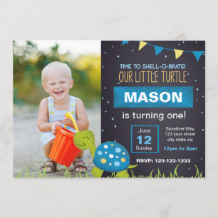 Blue Turtle Chalk Birthday Invitation with Photo