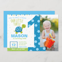 Blue Turtle First Birthday Party Invitation