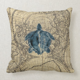 Blue Turtle Illustration Map Coastal Honey Colour Throw Pillow