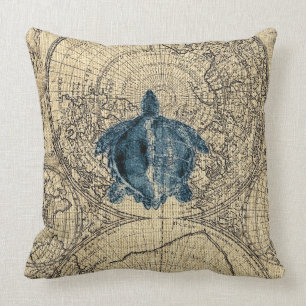 Blue Turtle Illustration Map Coastal Honey Colour Throw Pillow