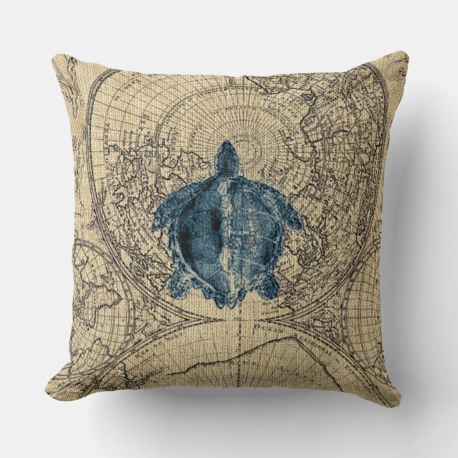Blue Turtle Illustration Map Coastal Honey Colour Throw Pillow (Front)