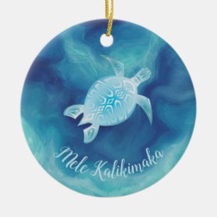 Blue Turtle Mele Kalikimaka Hawaiian  Ceramic Ornament