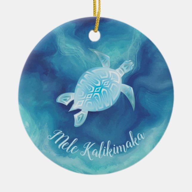 Blue Turtle | Mele Kalikimaka Hawaiian Christmas Ceramic Ornament (Front)