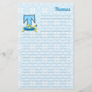 Blue Turtle Mongram Letter T with Name Lined Stationery