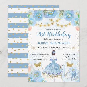 Blue Tutu Brunette Hair Ballerina Birthday Invitation