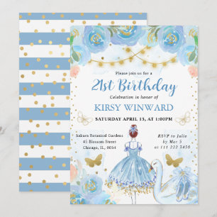 Blue Tutu Red Hair Ballerina Birthday Invitation