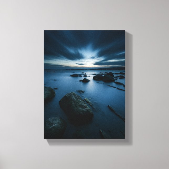 Blue Twilight Over Rocky Shore Canvas Print (Front)