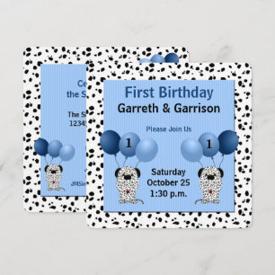 Blue Twin Boys 1st Birthday Party Invitation