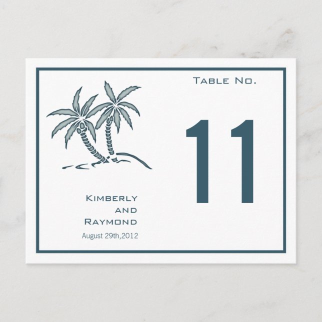 Blue Twin Palm Trees Tropical Table Number Card (Front)