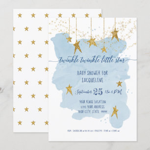 Blue Twinkle Little Star Gold Boy Baby Shower Invitation