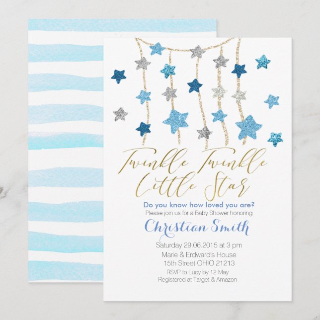 Blue Twinkle Stars BOY Baby Shower invitation (Front/Back)