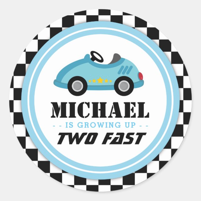 Blue Two fast Race Car party circle Classic Round Sticker (Front)