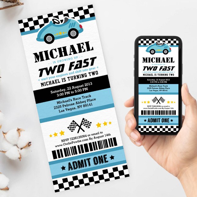 Blue Two Fast Race Car Ticket Pass Second Birthday Invitation (Creator Uploaded)