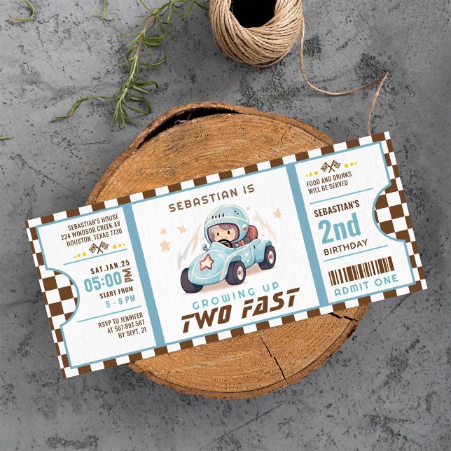 Blue Two Fast Race Car Ticket Pass Second Birthday Invitation (Creator Uploaded)