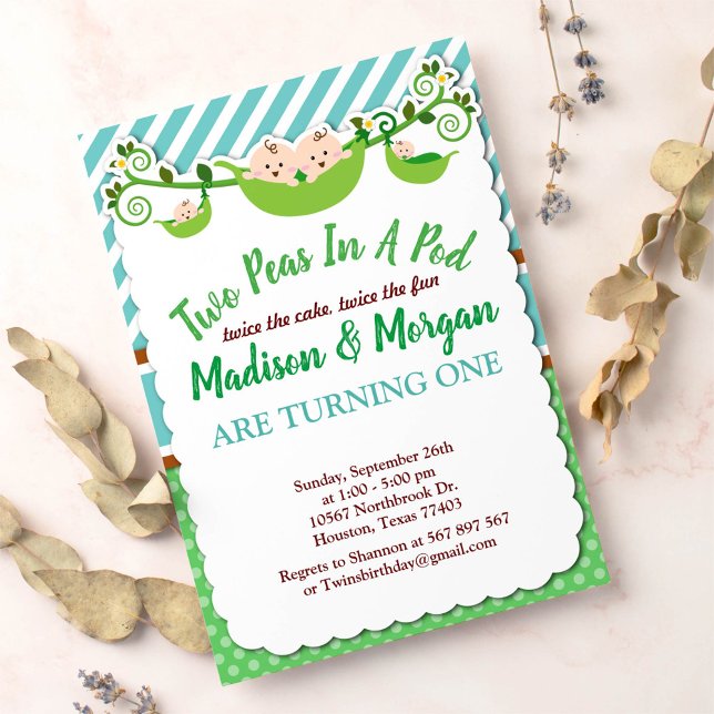 Blue Two Peas In A Pod Twins Birthday Invitation (Creator Uploaded)