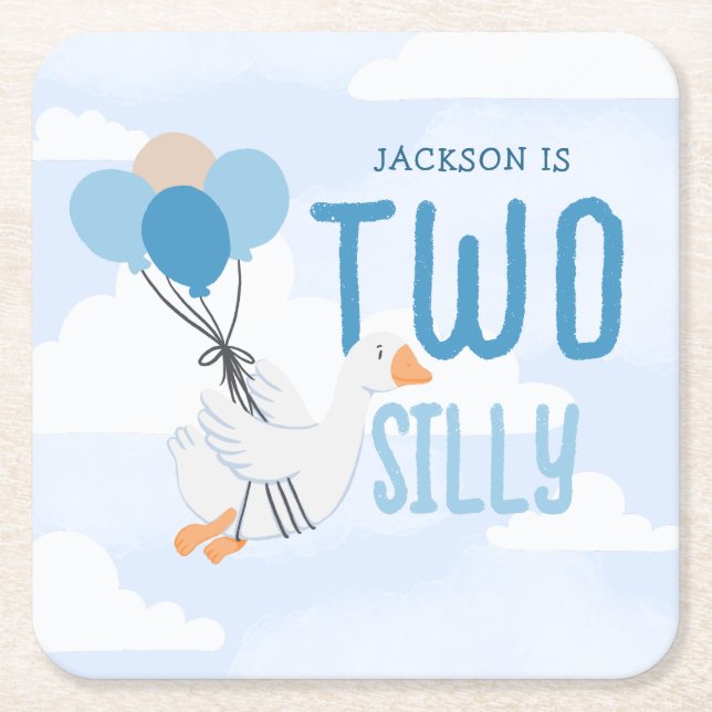 Blue Two Silly Goose 2nd Birthday Party Square Paper Coaster (Front)