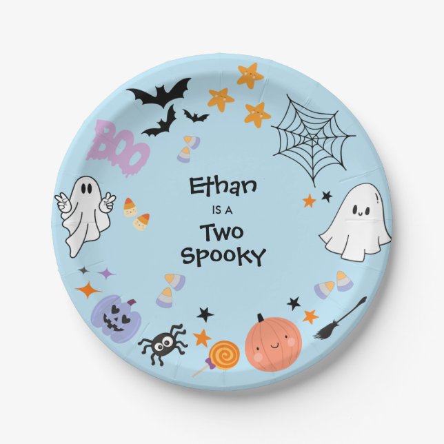 Blue Two Spooky Cute Ghost Halloween 2nd Birthday Paper Plate (Front)