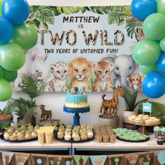 Blue Two Wild Boy 2nd birthday Safari backdrop Banner (Two Wild, Second BIrthday backdrop)
