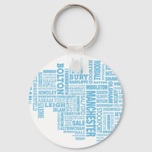 Blue Type map of Greater Manchester Keychain