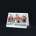 Blue Typography Happy Hanukkah Photo Collage Holiday Card<br><div class="desc">Happy Hanukkah! Customizable Happy Hanukkah photo collage card featuring blue simple typography and snow pattern. Personalize by adding three photos,  names,  year and other details. This modern Hanukkah card is available in other colours and cardstock.</div>