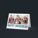 Blue Typography Happy Hanukkah Photo Collage Holiday Card<br><div class="desc">Happy Hanukkah! Customizable Happy Hanukkah photo collage card featuring blue simple typography and snow pattern. Personalize by adding three photos,  names,  year and other details. This modern Hanukkah card is available in other colours and cardstock.</div>