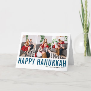 Blue Typography Happy Hanukkah Photo Collage Holiday Card
