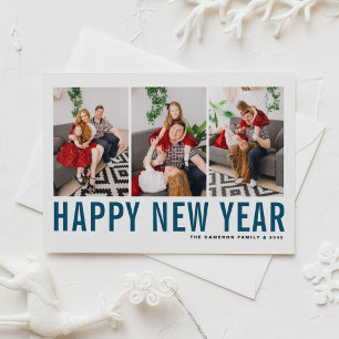 Blue Typography Happy New Year Photo Collage Holiday Card