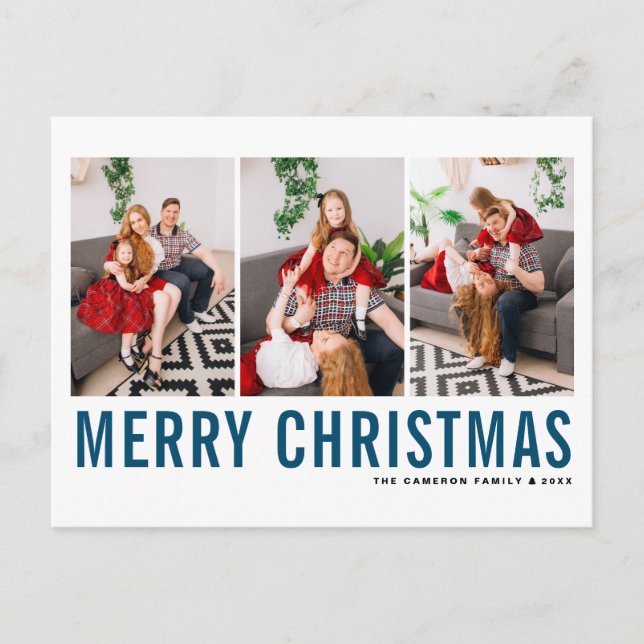 Blue Typography Merry Christmas Photo Collage Holiday Postcard (Front)