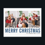 Blue Typography Merry Christmas Photo Collage Postcard<br><div class="desc">Merry Christmas! Customizable Christmas photo collage postcard featuring blue and black simple typography. Personalize by adding three photos, names, year and other details. This modern Christmas postcard is available in other colours and cardstock.</div>