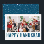 Blue Typography Photo Collage Happy Hanukkah Holiday Card<br><div class="desc">Happy Hanukkah! Customizable Happy Hanukkah photo collage flat card featuring blue simple typography and snow pattern. Personalize by adding three photos,  names,  year and other details. This modern Hanukkah flat card is available in other colours and cardstock.</div>