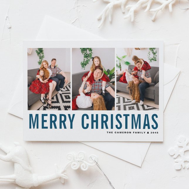 Blue Typography Photo Collage Merry Christmas Holiday Card (Creator Uploaded)