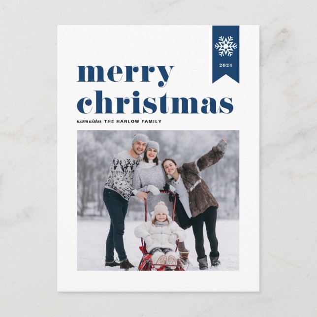 Blue Typography Snowflakes Merry Christmas Photo Holiday Postcard (Front)