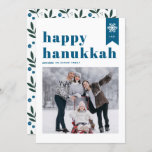 Blue Typography Snowflakes Photo Happy Hanukkah Holiday Card<br><div class="desc">Happy Hanukkah! | Send your holiday wishes with this customizable Hanukkah photo flat card. It features blue retro bold typography,  simple snowflakes accent and festive pattern. Personalize by adding names,  year and photo. This festive photo Happy Hanukkah flat card is available in various colours and cardstock.</div>