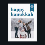 Blue Typography Snowflakes Photo Happy Hanukkah Holiday Postcard<br><div class="desc">Happy Hanukkah! | Send your holiday wishes with this customizable Hanukkah photo postcard. It features blue retro bold typography,  simple snowflakes accent and festive pattern. Personalize by adding names,  year and photo. This festive photo Happy Hanukkah postcard is available in various colours and cardstock.</div>