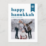 Blue Typography Snowflakes Photo Happy Hanukkah Holiday Postcard<br><div class="desc">Happy Hanukkah! | Send your holiday wishes with this customizable Hanukkah photo postcard. It features blue retro bold typography,  simple snowflakes accent and festive pattern. Personalize by adding names,  year and photo. This festive photo Happy Hanukkah postcard is available in various colours and cardstock.</div>